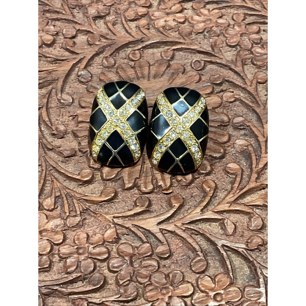Vintage Erwin Pearl Earrings Gold Tone Crisscross W/ Pave Set Rhinestones